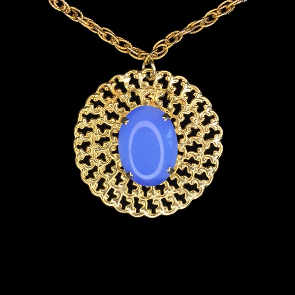 Vintage Blue Stone Gold Sun Pendant Necklace - Picture 3 of 6